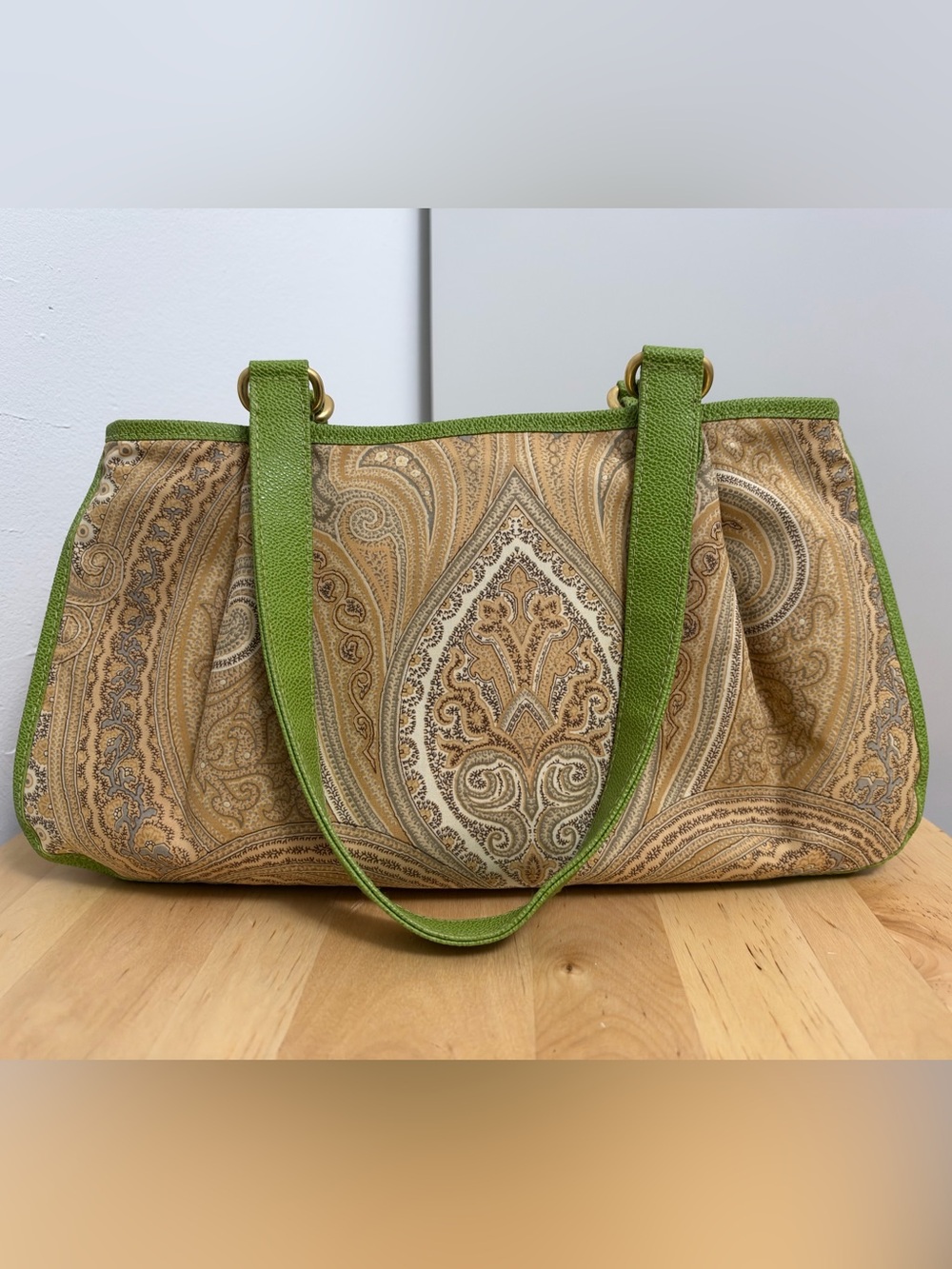 Etro Beige Paisley Bag with Green Trim and Handles - Picture 2 of 8